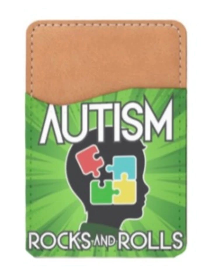 Autism Rocks and Rolls logo on a phone wallet